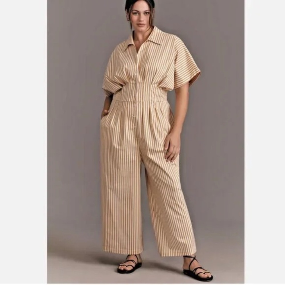 Anthropologie The Tobie Pleated Jumpsuit by Exquise Wide Leg Neutral Stripe 3X